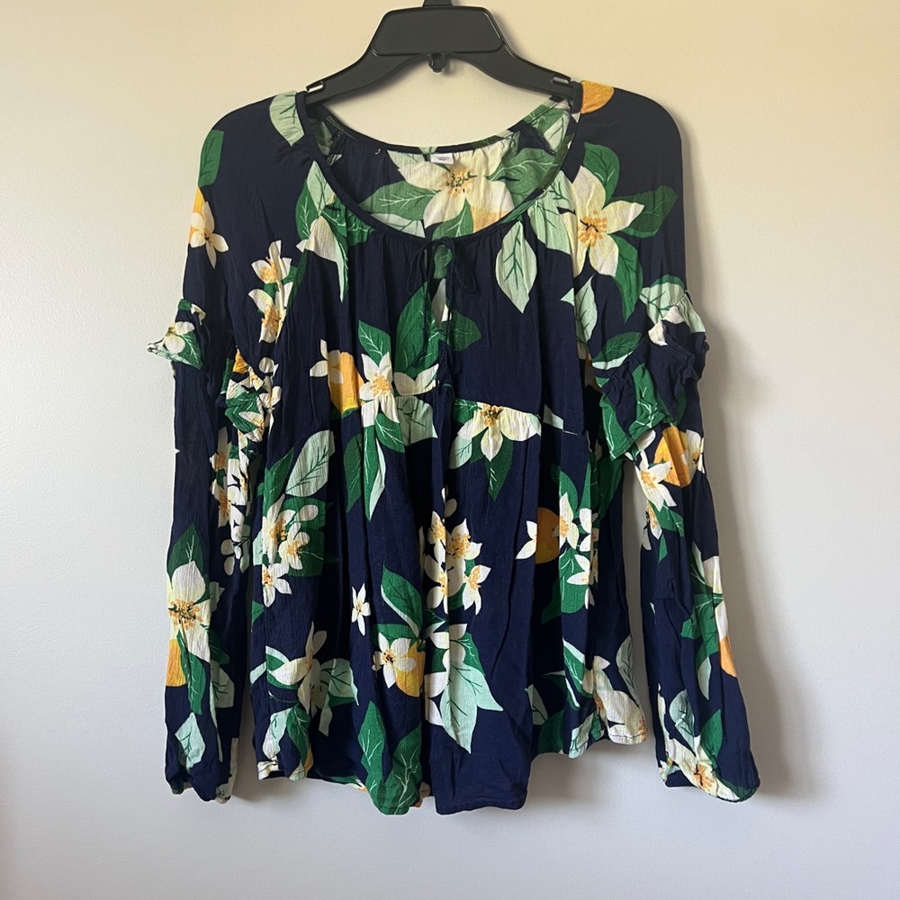 Old Navy Floral Blouse Ruffle Cap Long Sleeve Keyhole Tie Neckline Small